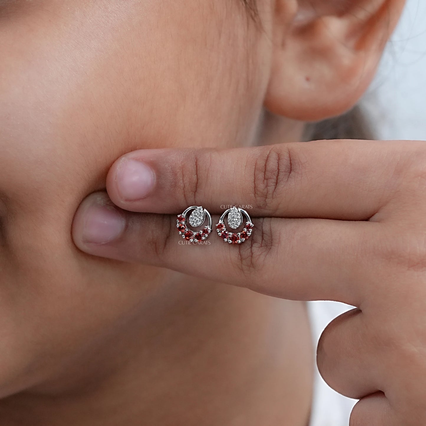Round Diamond And Ruby Stud Earrings