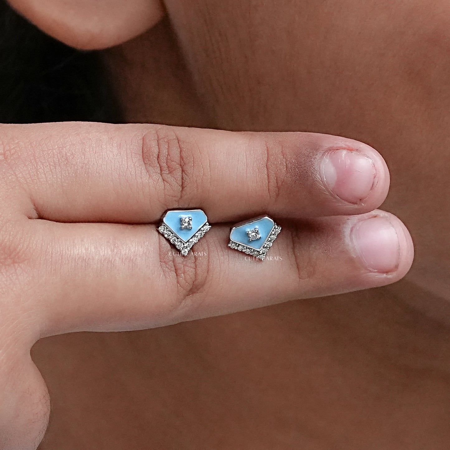 Diamond Shape Sky Blue Enamel Earrings For Toddler