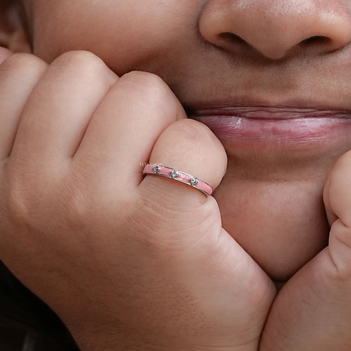 Baby Pink Enamel And Diamond Flush Set Ring