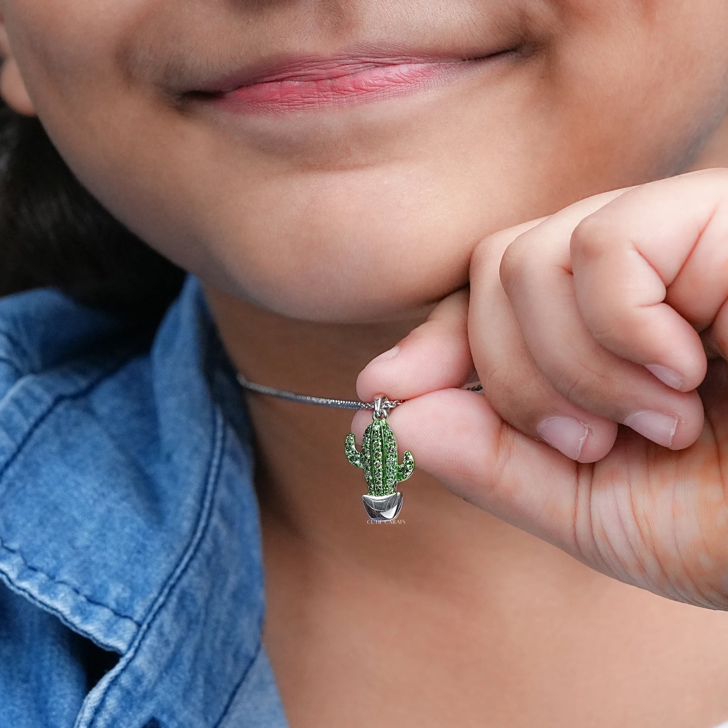 Green Round Diamond Cactus Pendant Necklace