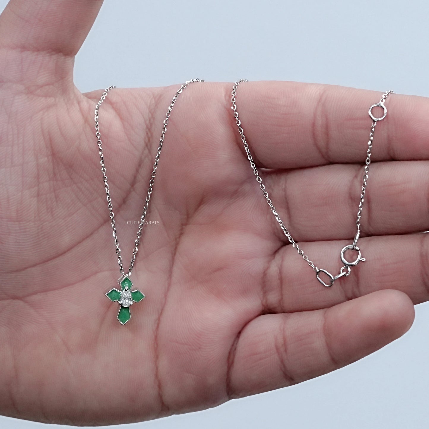 Dainty Christian Cross Green Enamel Pendant