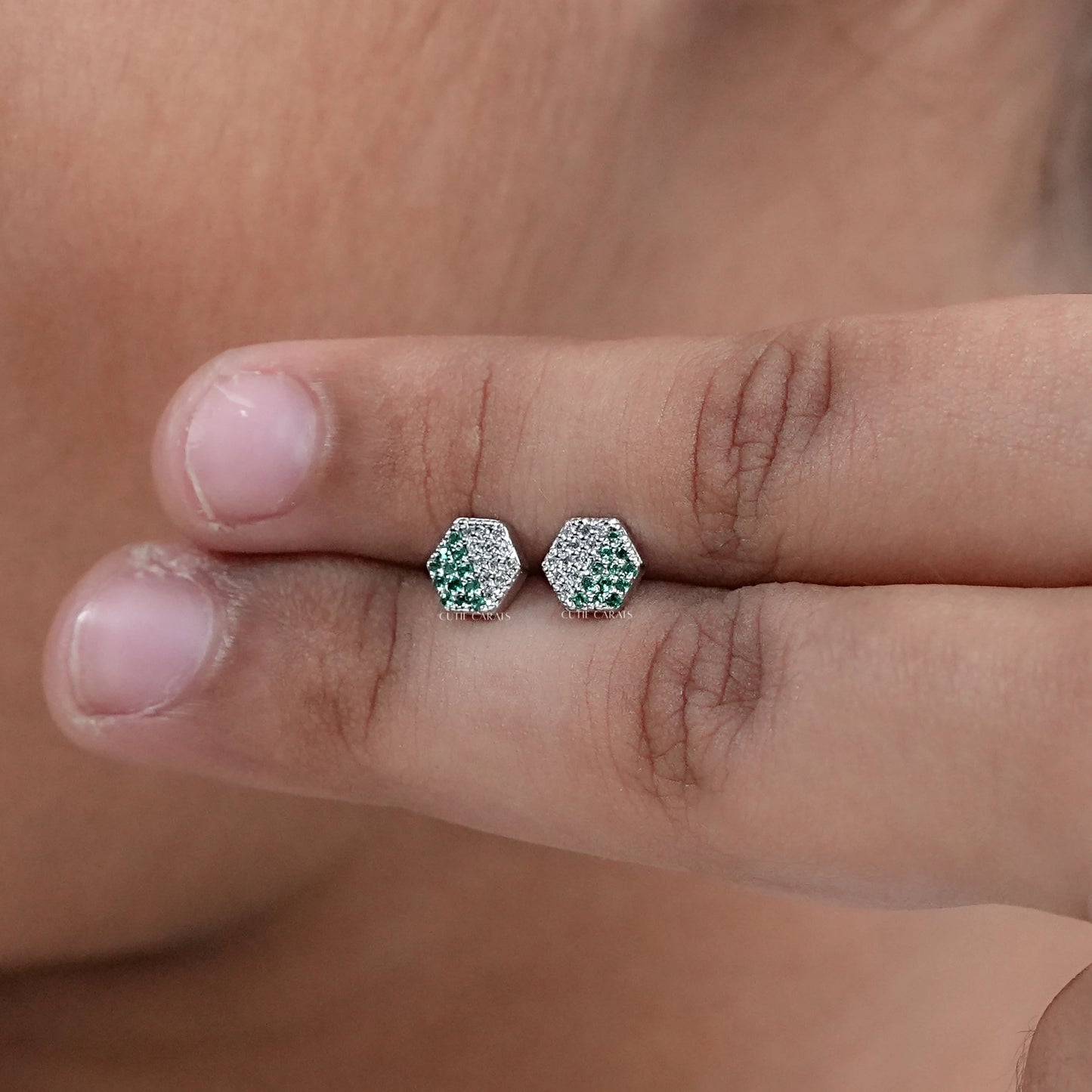Diamond And Gemstone Pave Set Hexagon Baby Stud