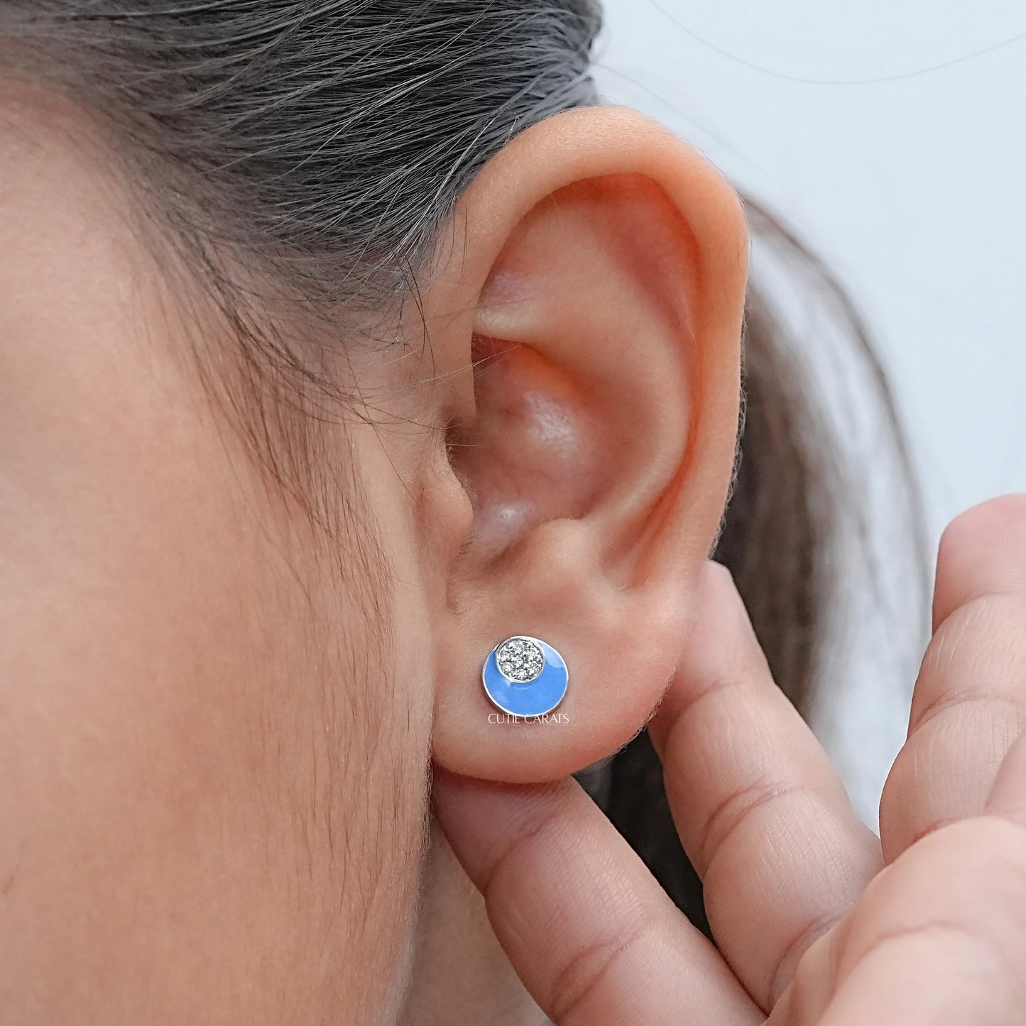 Round Diamond Blue Enamel Baby Stud Earrings