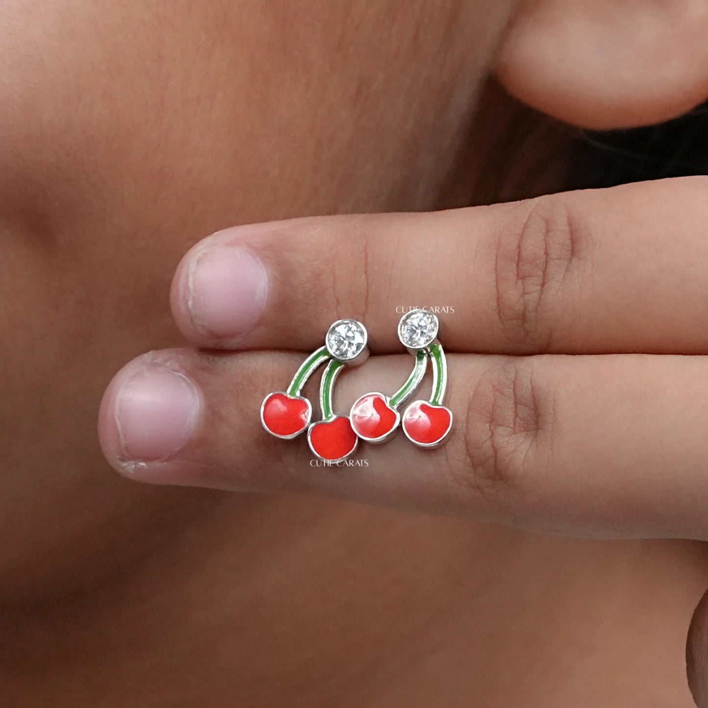 Red Cherry Enamel Earring For Baby Girl