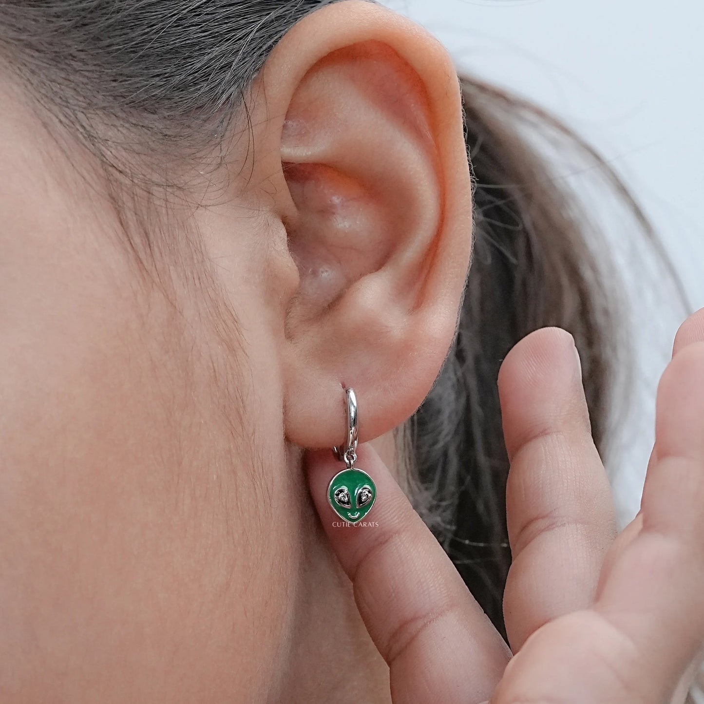 Alien Head Enamel Round Cut Lab Diamond Earrings