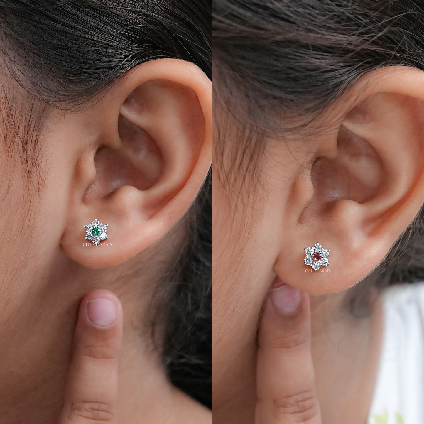 Minimalist Gemstone And Diamond Flower Stud Earring