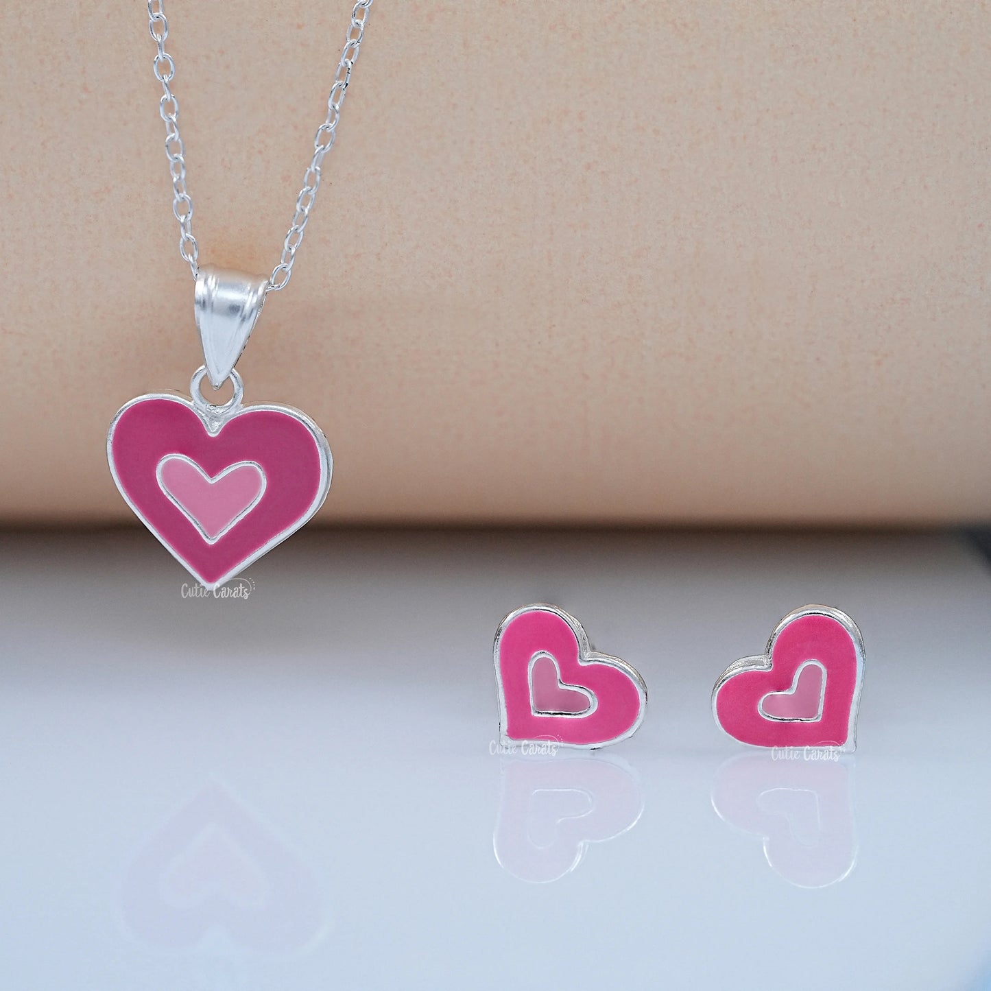 Heart Enamel Stud Earrings & Pendant Combo Set