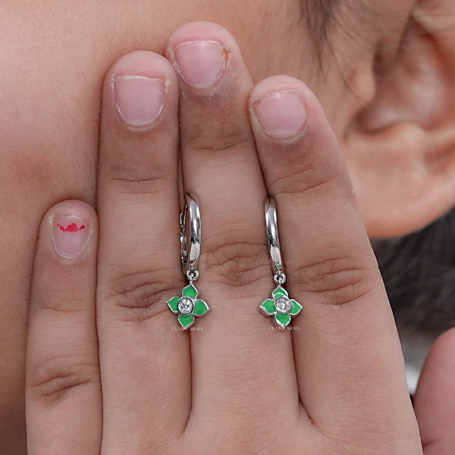 Green Leaf Charm Hoop Earrings For Kids