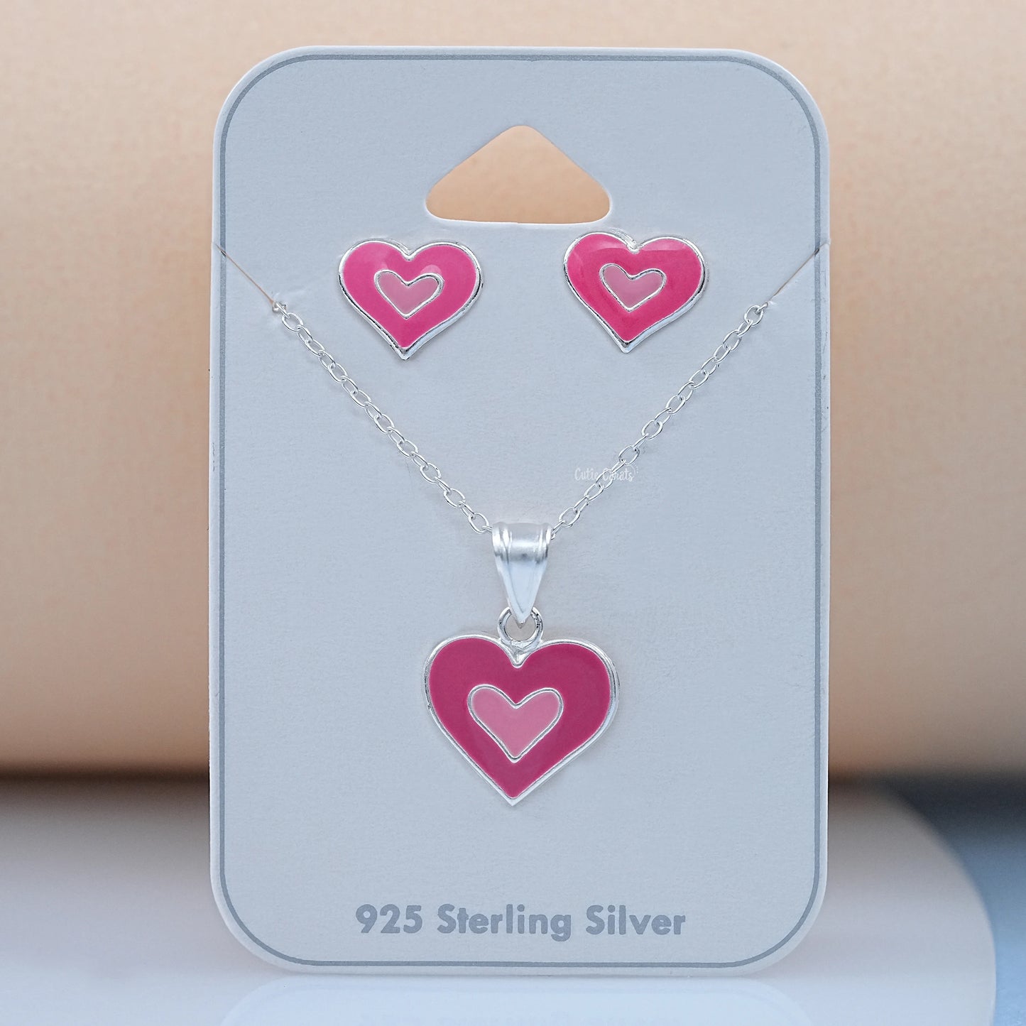 Heart Enamel Stud Earrings & Pendant Combo Set
