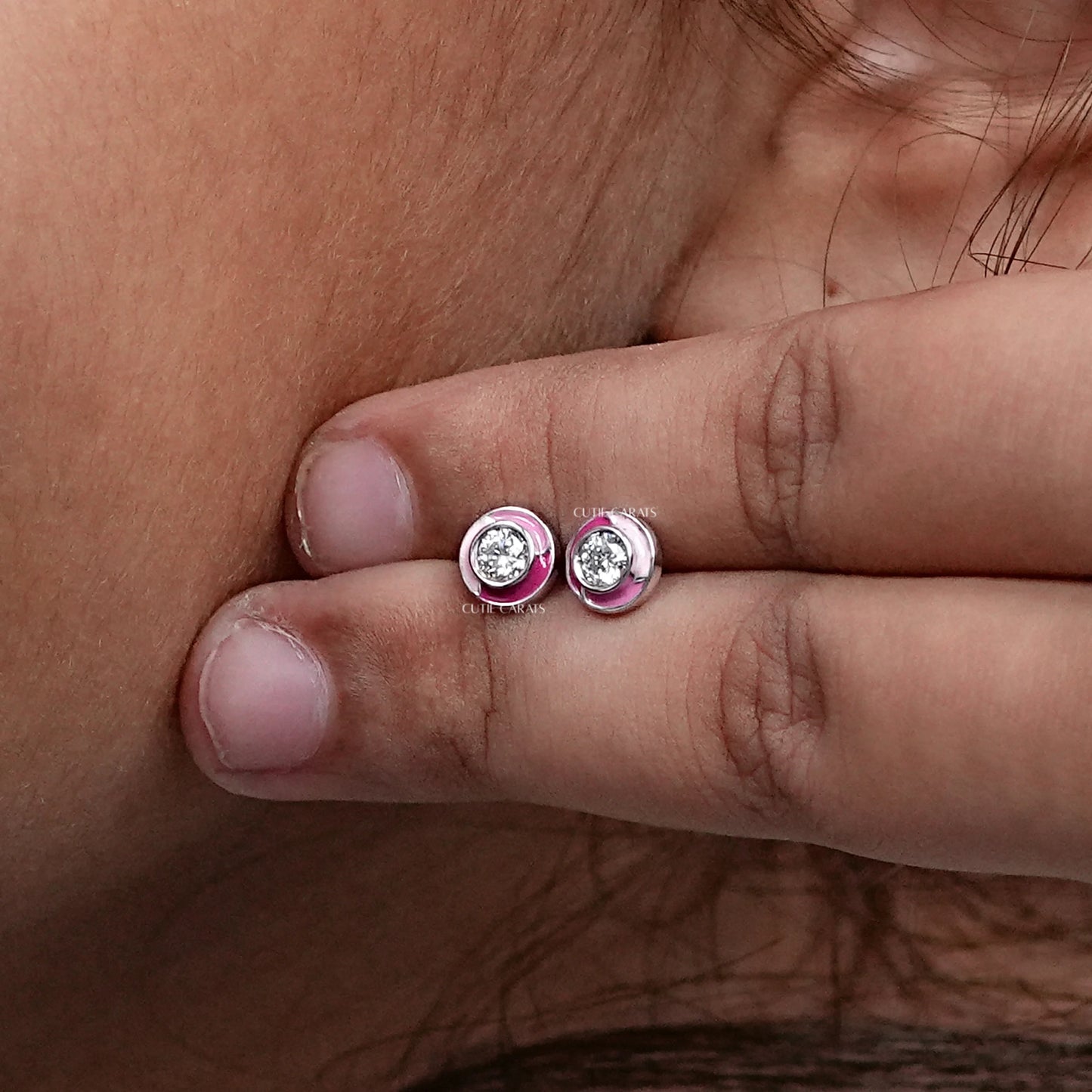 Round Diamond Pink Enamel Stud Earring