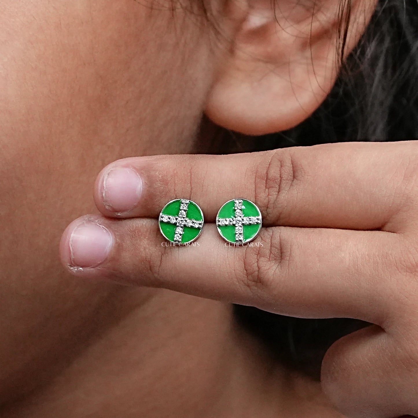 Green Enamel Stud Earrings For Baby Girl