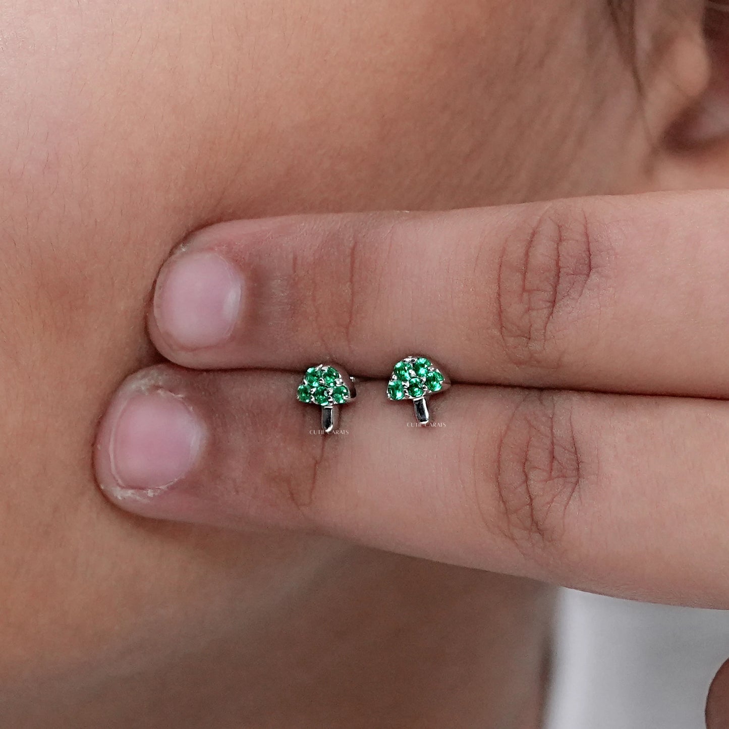 Emerald Dainty Mushroom Stud For Kids