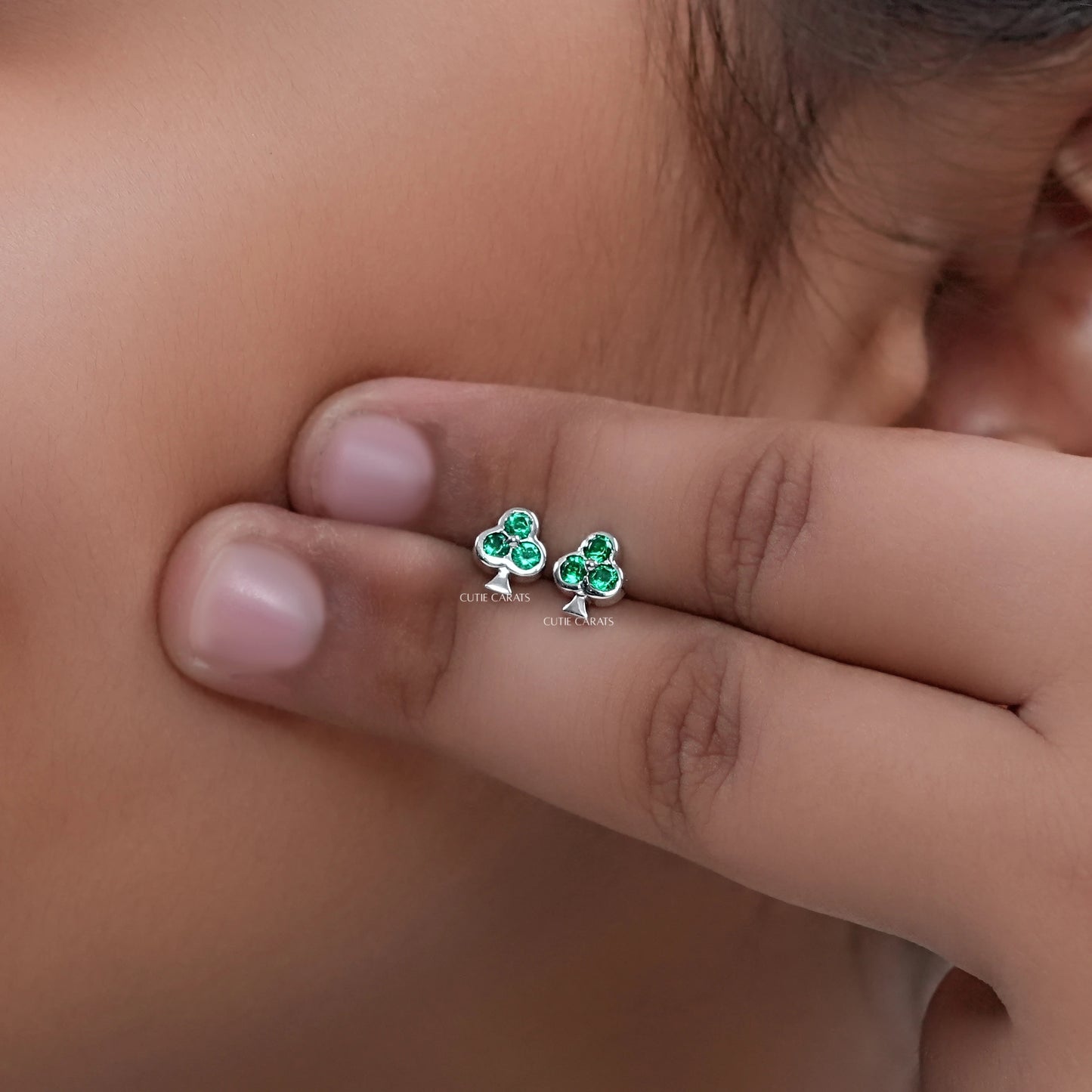 Green Gemstone Round Cut 3 Leaf Clover Earrings