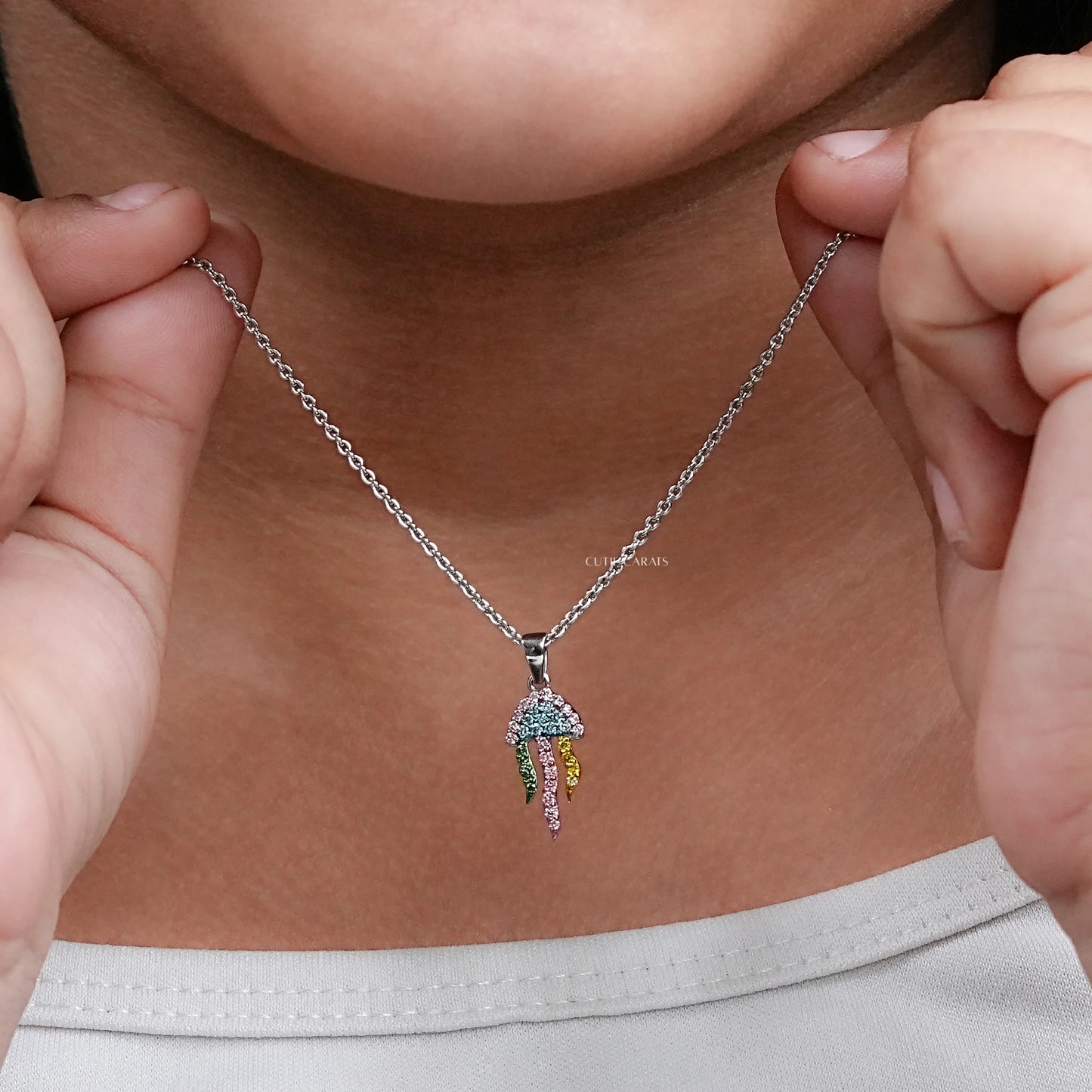 Colored Diamond Jellyfish Pendant Necklace For Kids