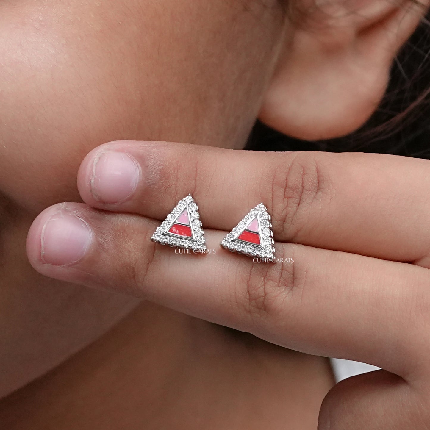 Triangle Shape Round Cut Halo Stud Earrings