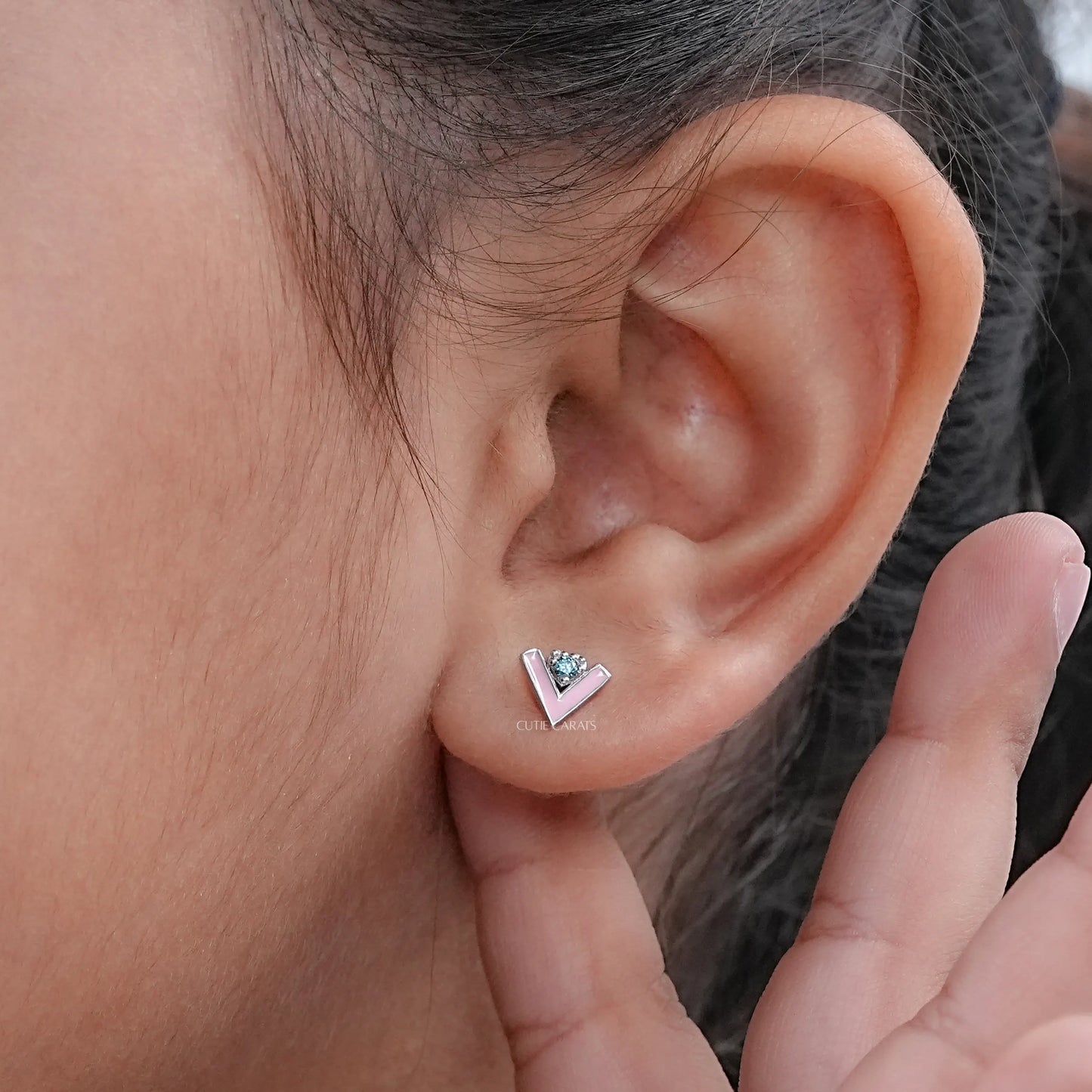 V Name Pink Enamel Baby Stud Earrings