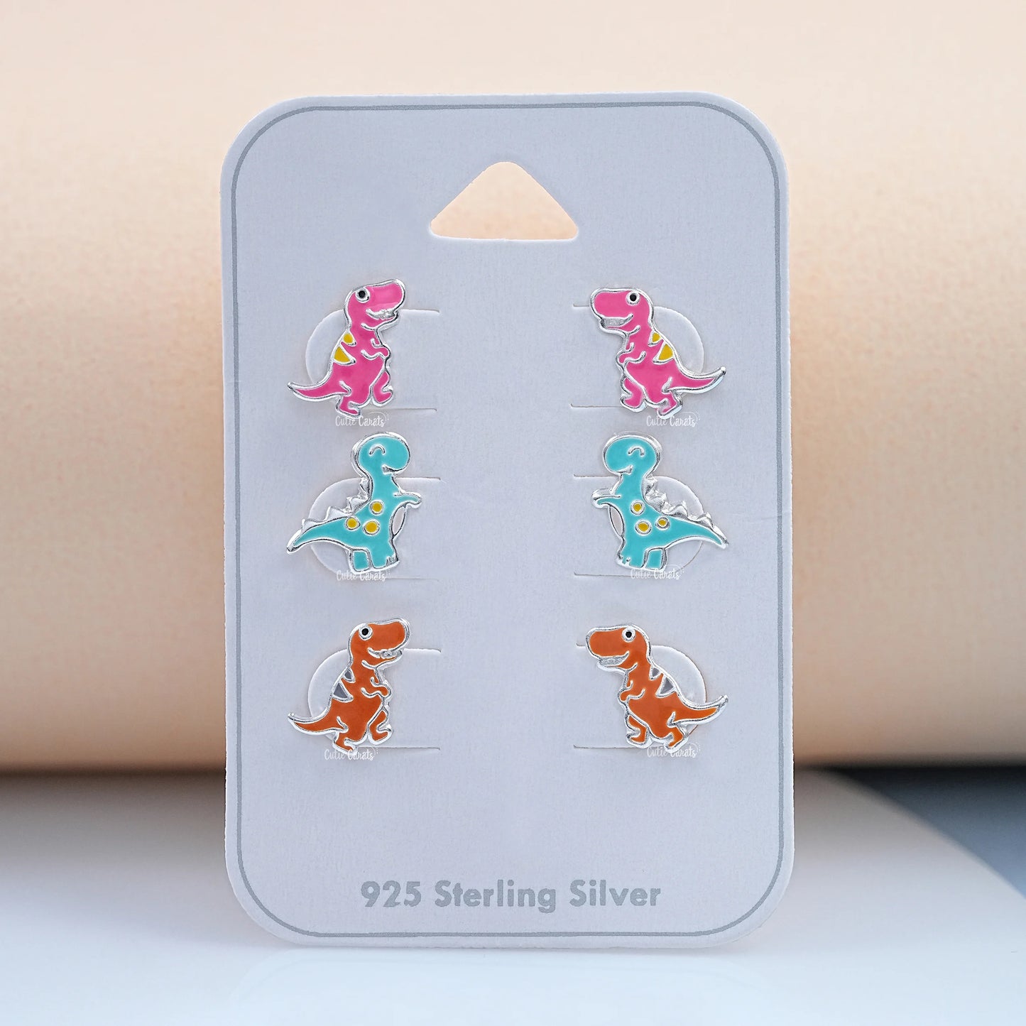 Silver Pink Enamel Dinosaur Earrings For Children