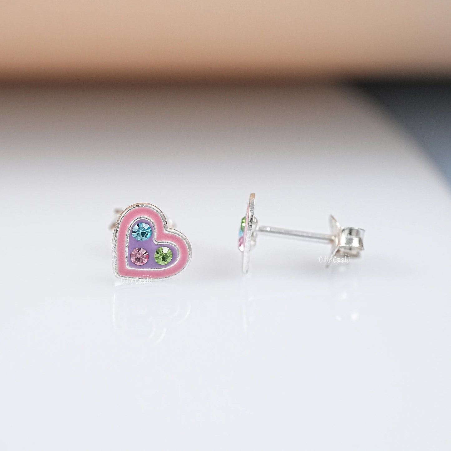 Simulated Diamond Enamel Heart Stud Earrings