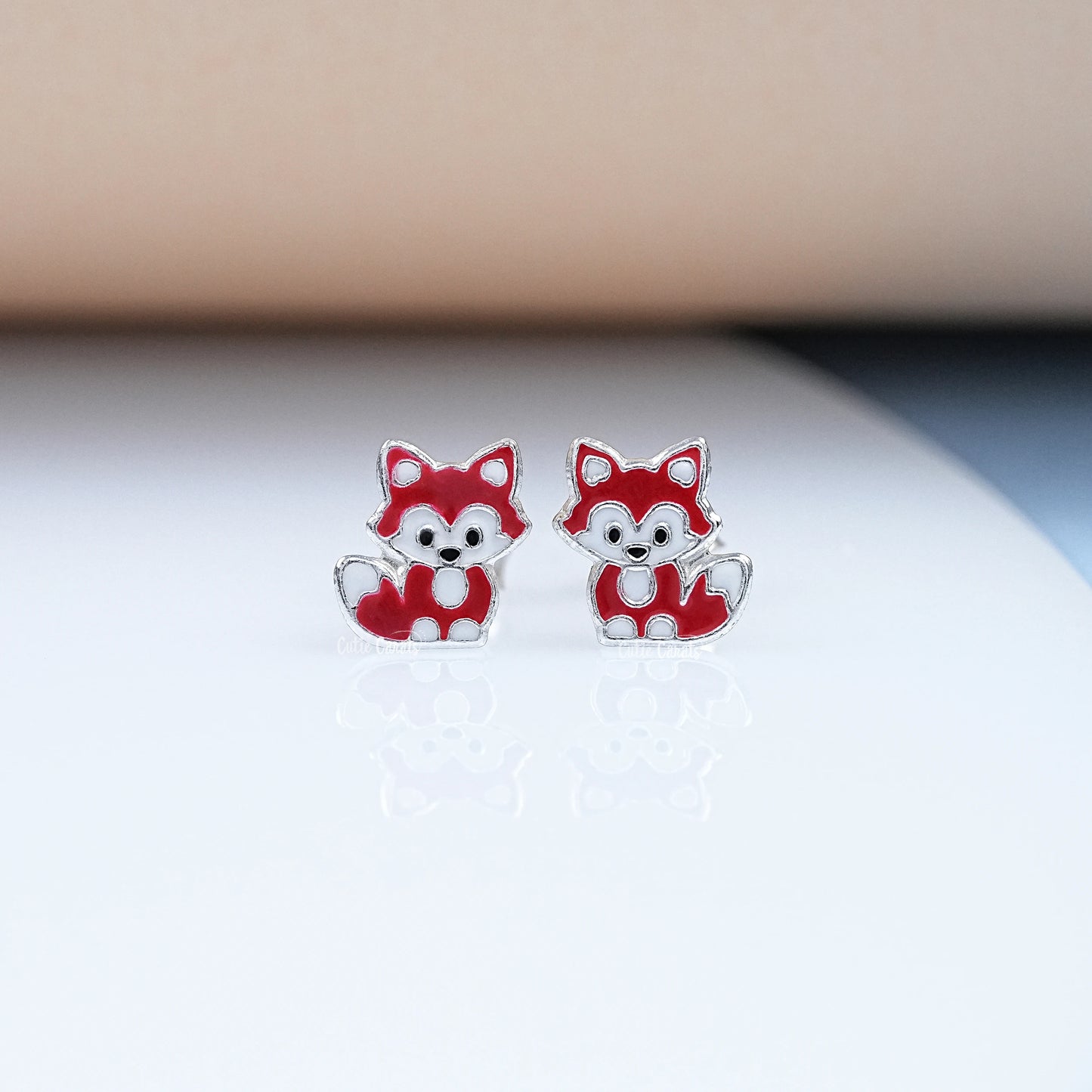 Silver Red Enamel Fox Kids Stud Earrings