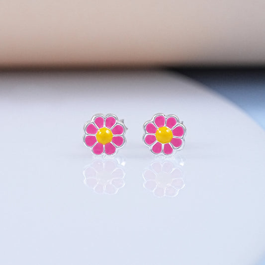 Pink Flower Daisy Enamel Baby Stud Earrings