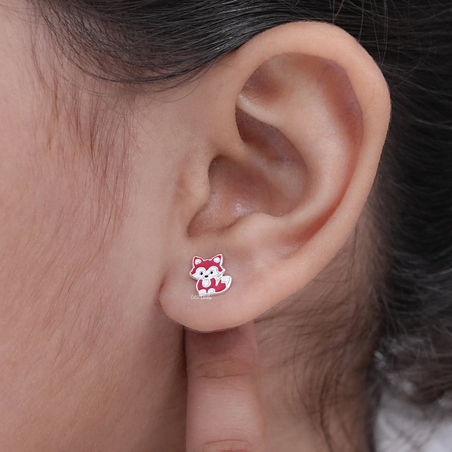 Silver Red Enamel Fox Kids Stud Earrings