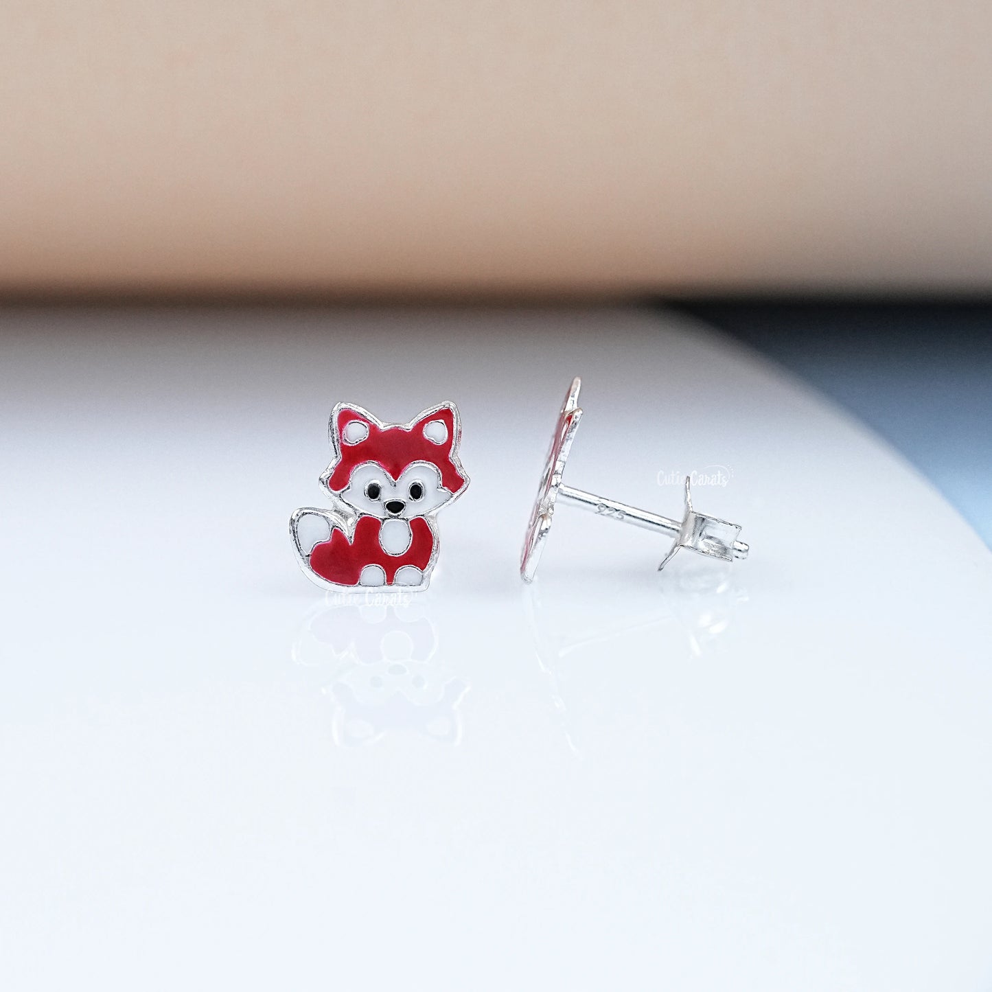 Silver Red Enamel Fox Kids Stud Earrings