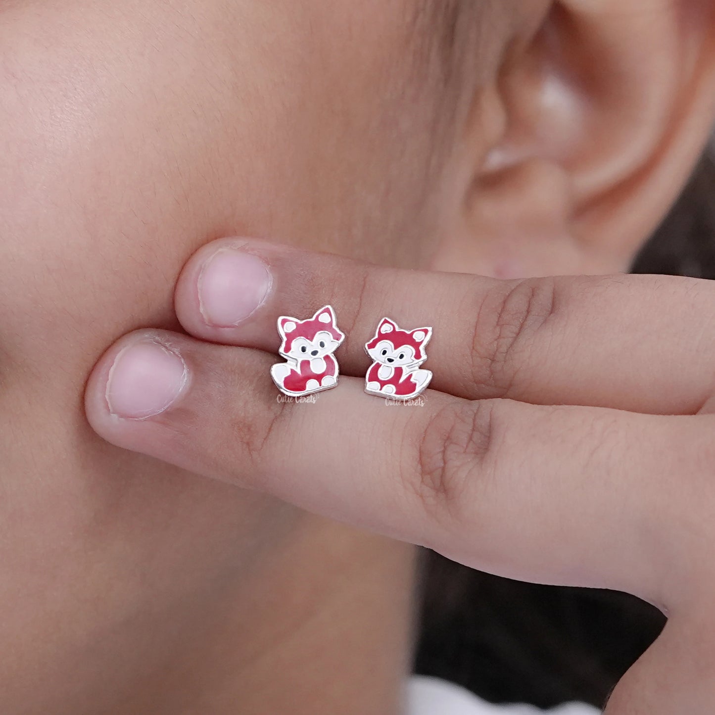 Silver Red Enamel Fox Kids Stud Earrings