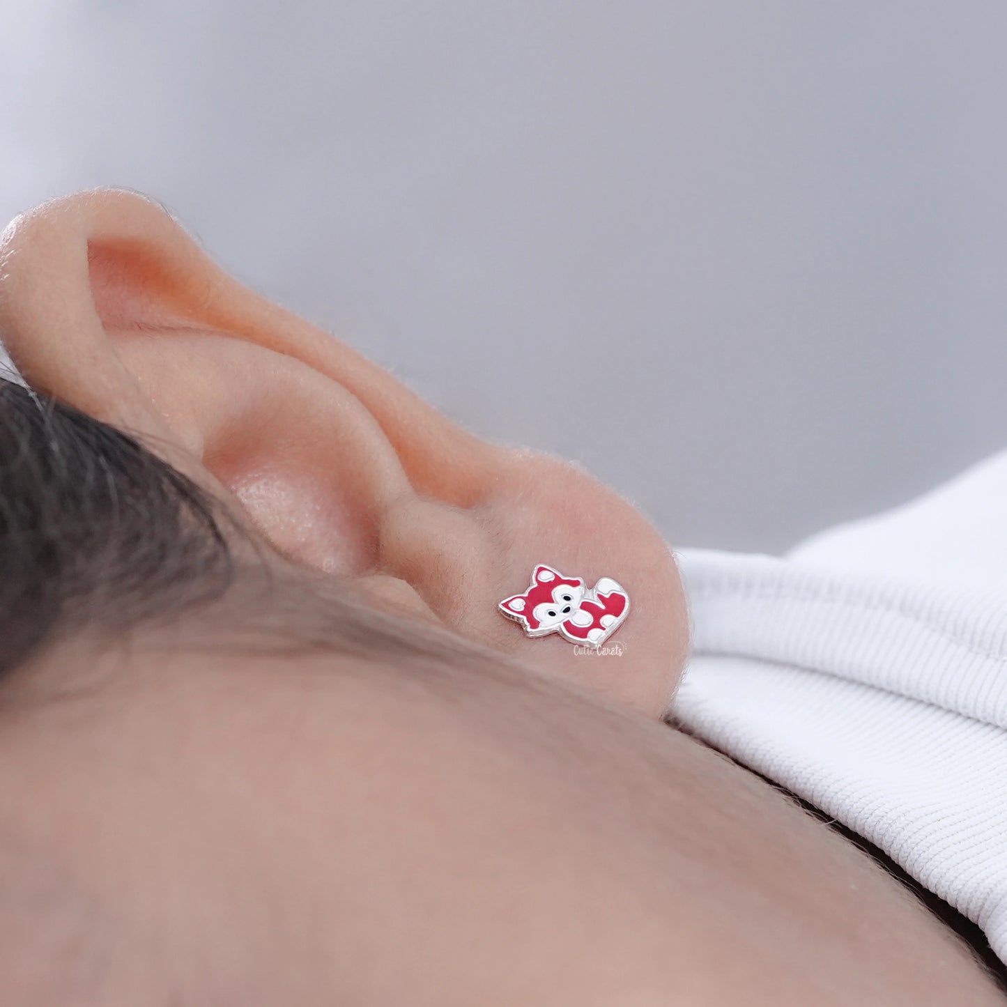 Silver Red Enamel Fox Kids Stud Earrings