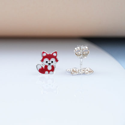Silver Red Enamel Fox Kids Stud Earrings