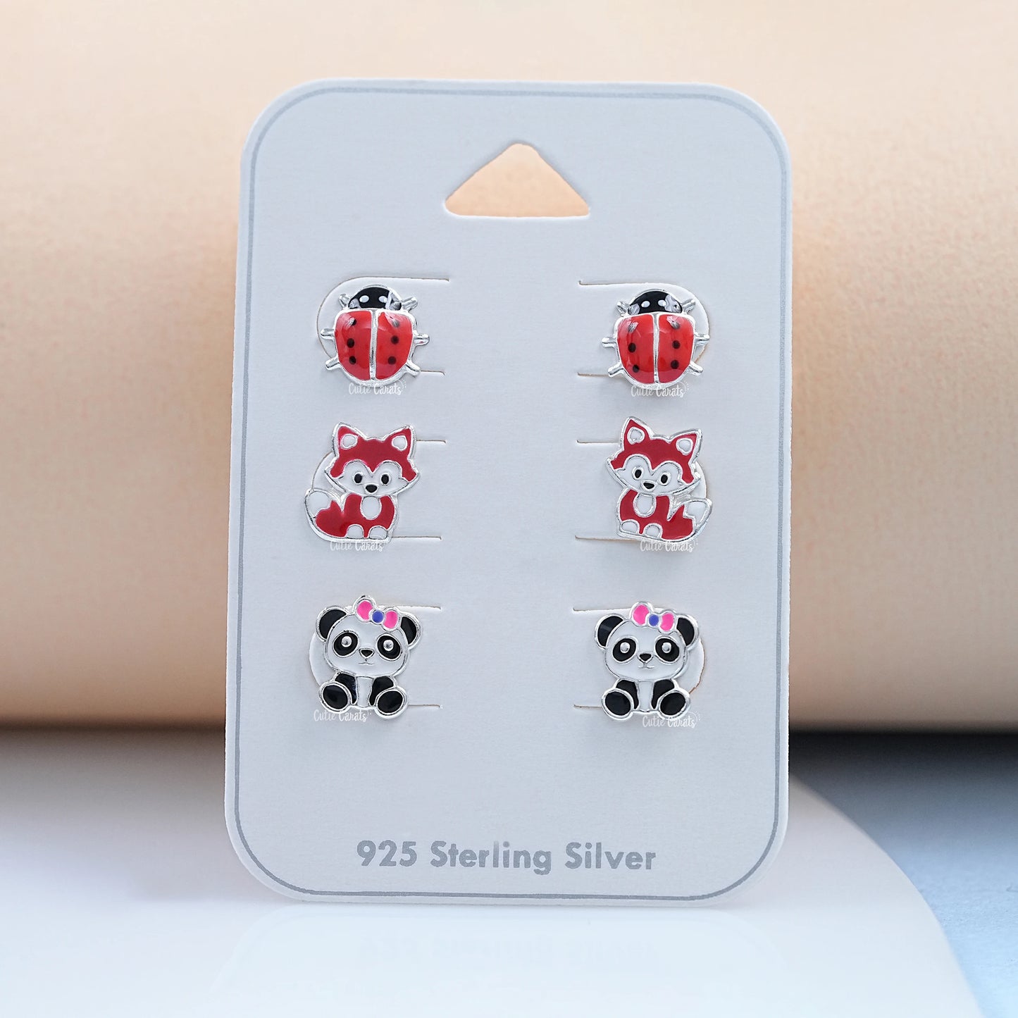 Silver Red Enamel Fox Kids Stud Earrings