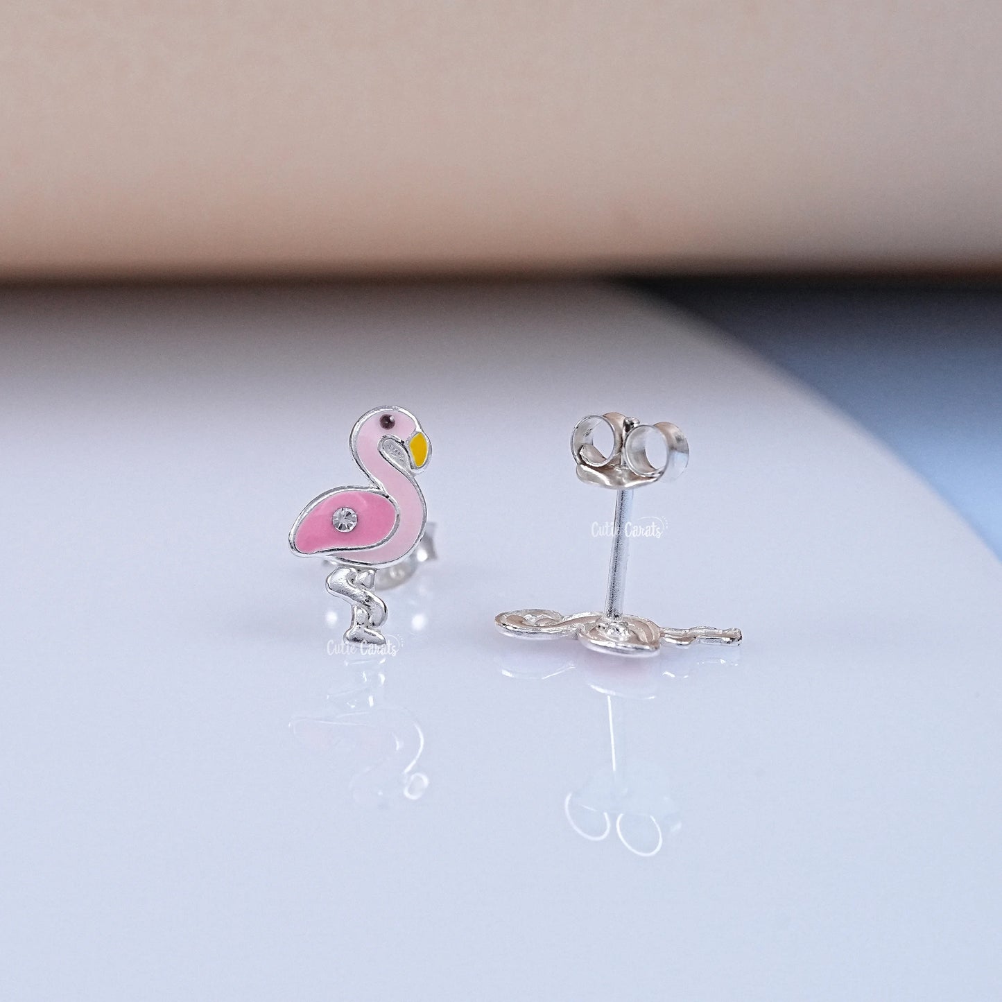 Flamingo Enamel Stud Earrings with Simulated Diamond