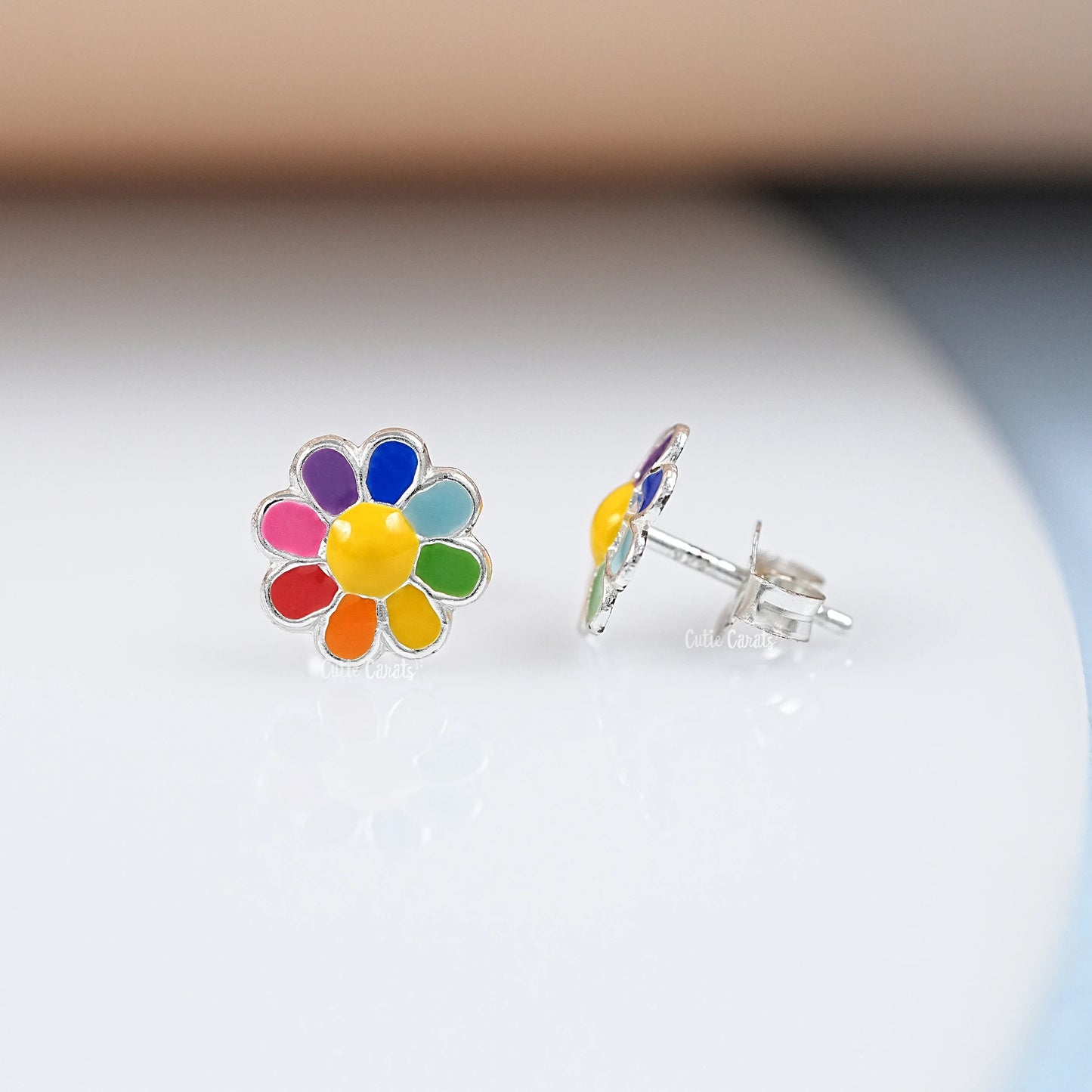 Colorful Flower Enamel Stud Earring In Silver