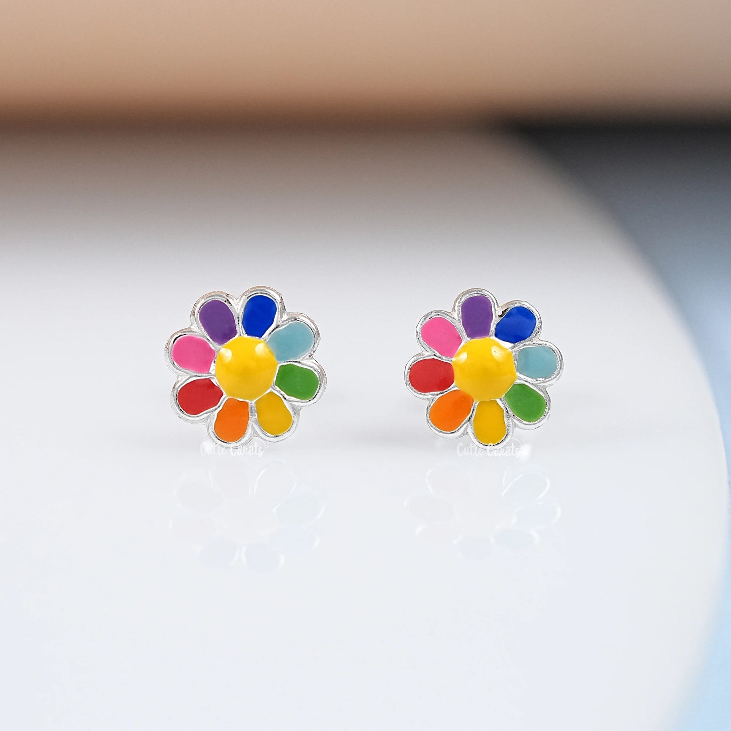 Colorful Flower Enamel Stud Earring In Silver