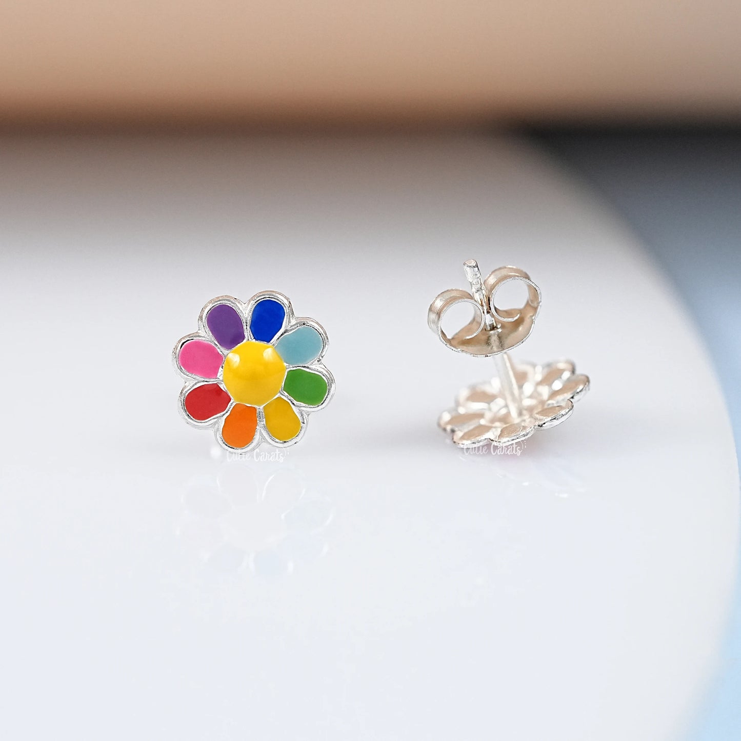Colorful Flower Enamel Stud Earring In Silver