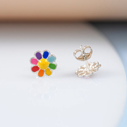 Colorful Flower Enamel Stud Earring In Silver