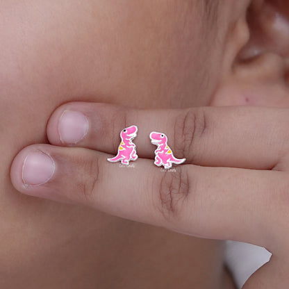 Silver Pink Enamel Dinosaur Earrings For Children