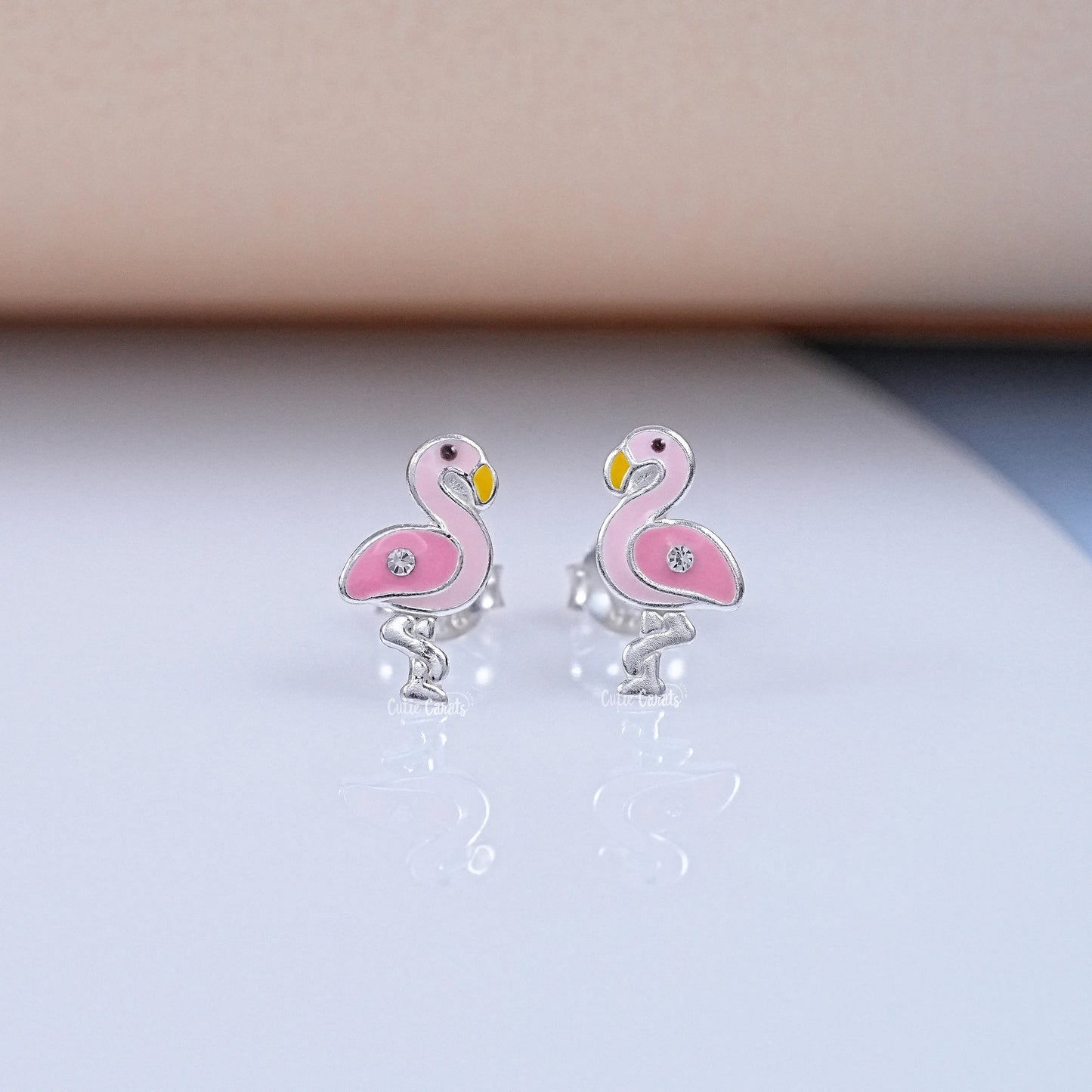 Flamingo Enamel Stud Earrings with Simulated Diamond