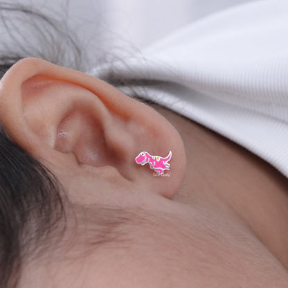 Silver Pink Enamel Dinosaur Earrings For Children