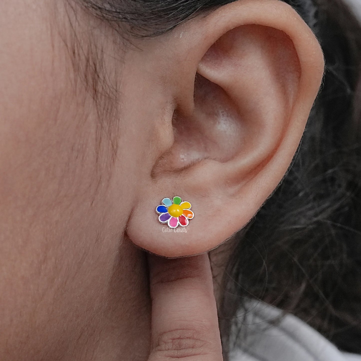 Colorful Flower Enamel Stud Earring In Silver