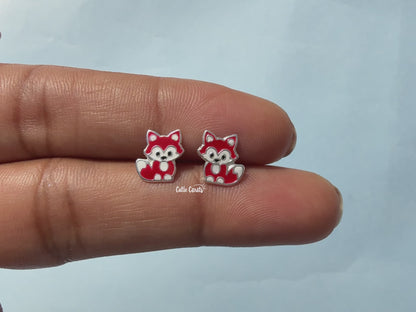 Silver Red Enamel Fox Kids Stud Earrings