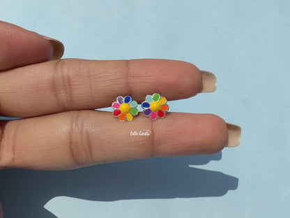 Colorful Flower Enamel Stud Earring In Silver