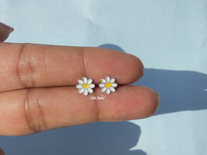 Yellow Heart Flower Enamel Stud Earrings