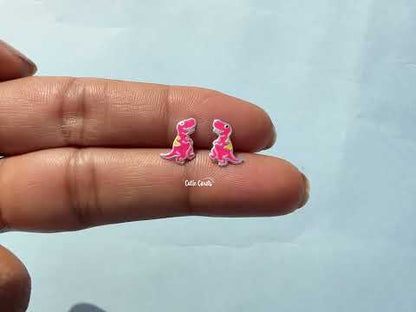 Silver Pink Enamel Dinosaur Earrings For Children