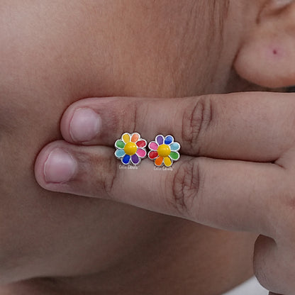 Colorful Flower Enamel Stud Earring In Silver