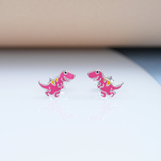 Silver Pink Enamel Dinosaur Earrings For Children