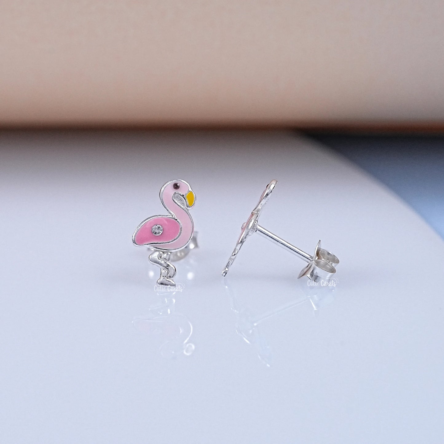 Flamingo Enamel Stud Earrings with Simulated Diamond