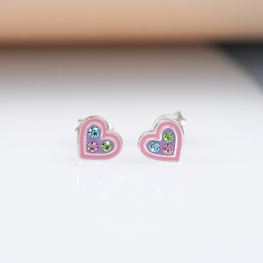 Simulated Diamond Enamel Heart Stud Earrings