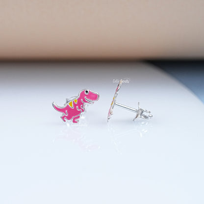 Silver Pink Enamel Dinosaur Earrings For Children